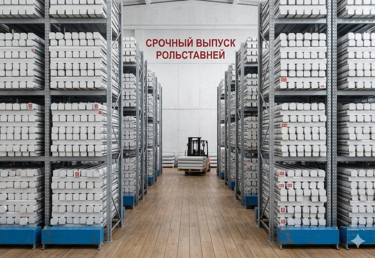 Склад скупки рольставней — многоярусные стеллажи с полотнами роллетных ставней